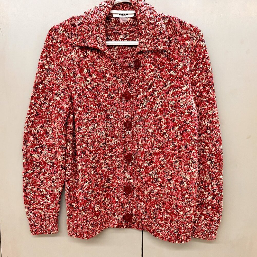 ALIA Petite Women's Button Front Knit Cardigan Collar  Size M Cozy Multicolor